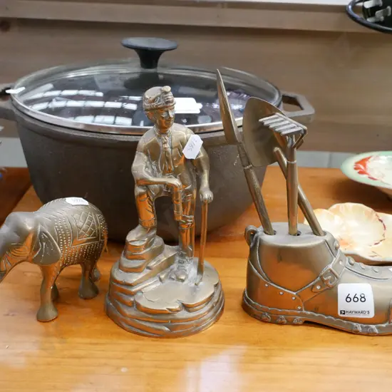brass figurines; miner,  elephants, brass boot with garden tools Tallest-170