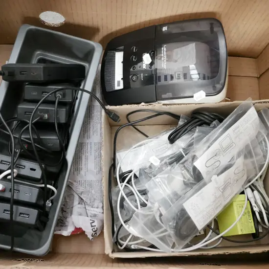 box; Brother label printer, charging cords, batteries