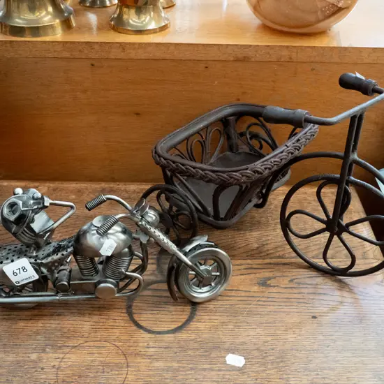 metal motor bike figurine, small metal & cane bike