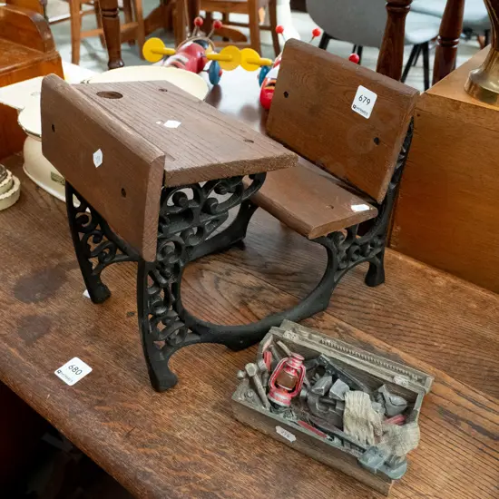 metal & composite mining figure, cast iron & wood doll's desk