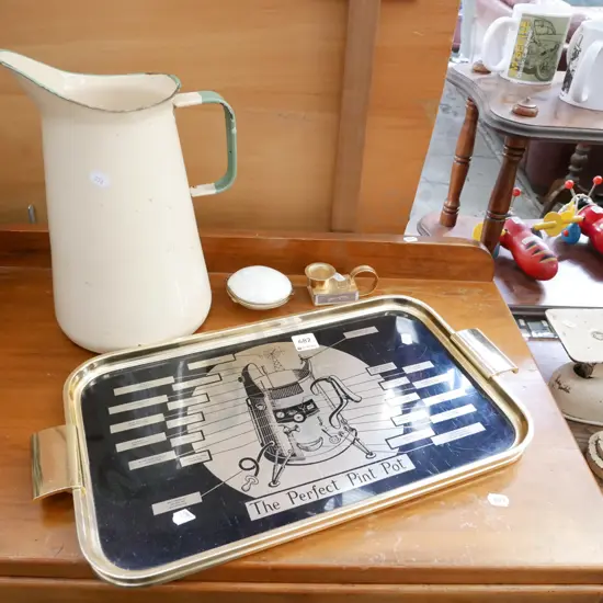 tall yellow & green enamel jug (some rust), retro Perfect Pint Pot tray, shell trinket box etc