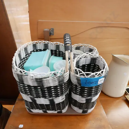 retro woven plastic basket with plastic picnic ware