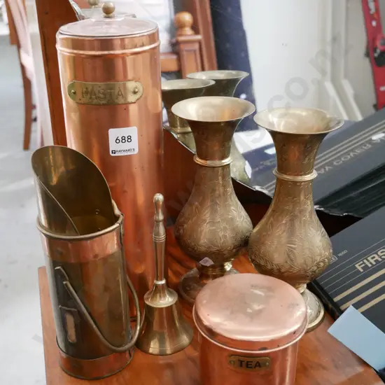 copper pasta & tea storage canisters, brass vases etc