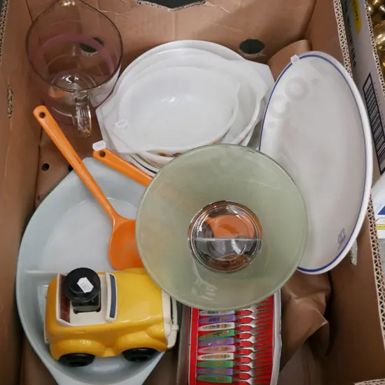 box; retro milk glass bowls, sweet corn forks, leather coasters etc