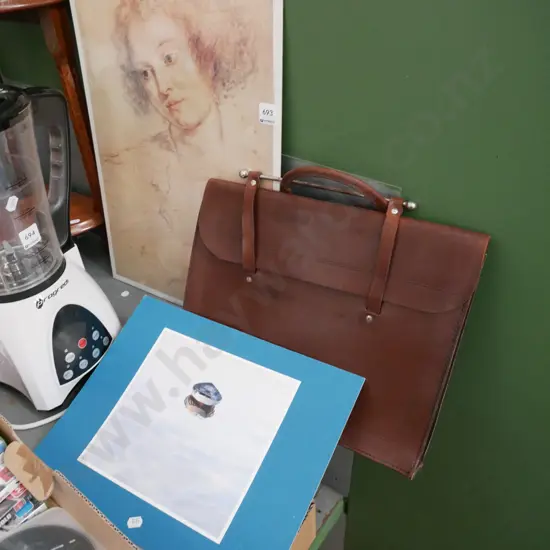 2 unframed prints & leather satchel