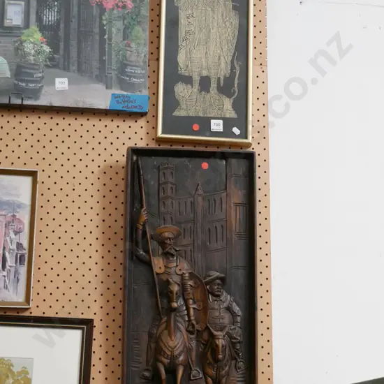 small framed Medieval print, retro wooden  3D picture Don Quixote  - red dots