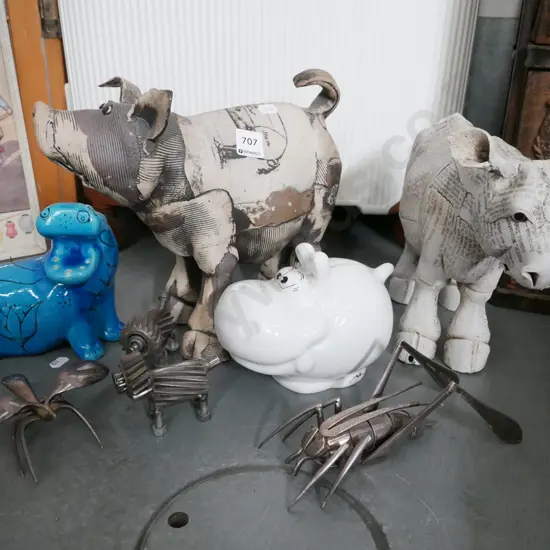 piggy bank,  metal animal sculptures,  ceramic pig and cow