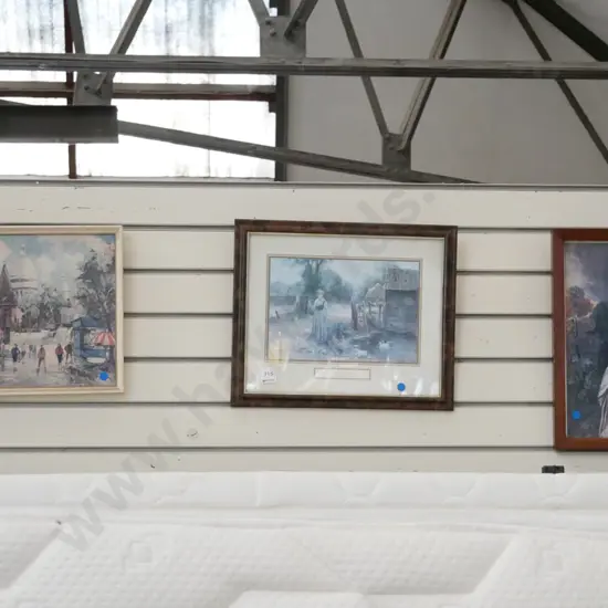 3x framed prints - cityscape, barnyard , portrait - blue dots