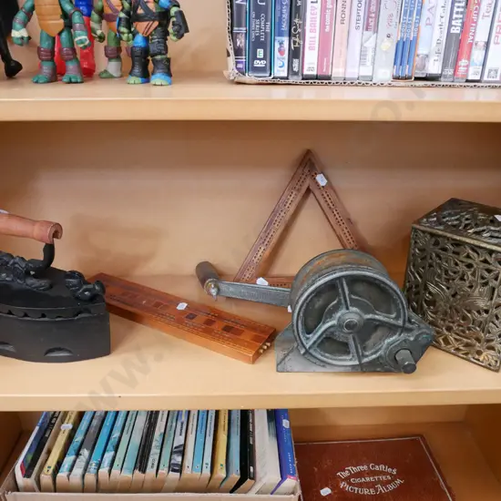 cribbage scorers, iron, brass pierced lidded canister