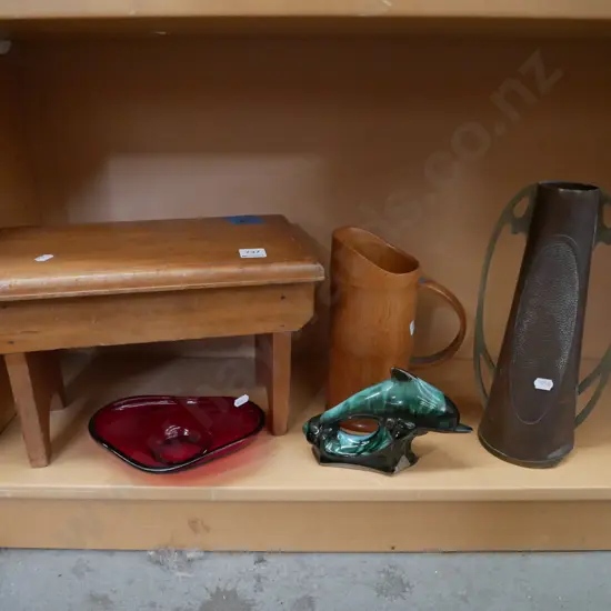 brass and copper art nouveau vase, small wooden stool etc