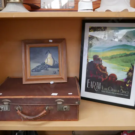 framed oil on board - still life, bullock hide suitcase, poster print -earth