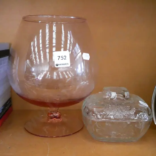 large coloured glass goblet, clear patterned glass cover dish