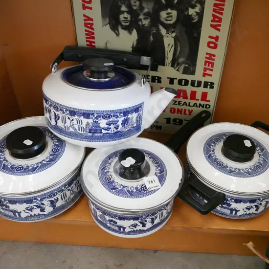 enamel willow pots, tea pots