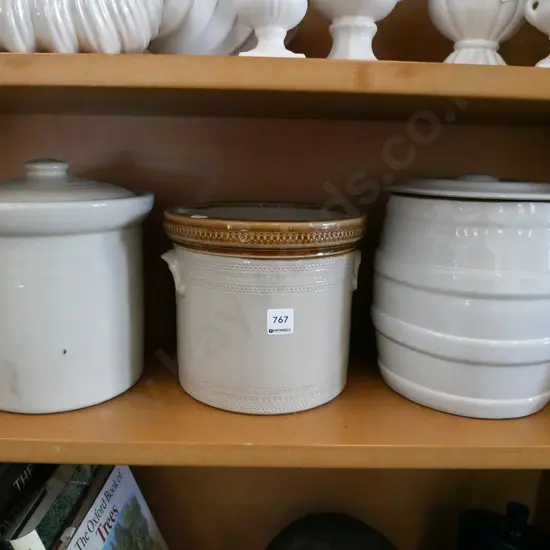 3x wide mouth staorage crocks - only 2 lids - both have chips