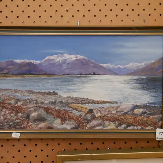 framed oil - lake and mountain scene