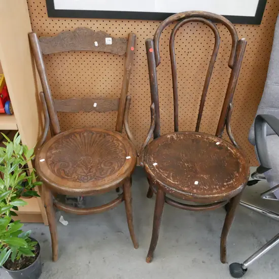2x mismatched pressed wood dining chairs - red dots