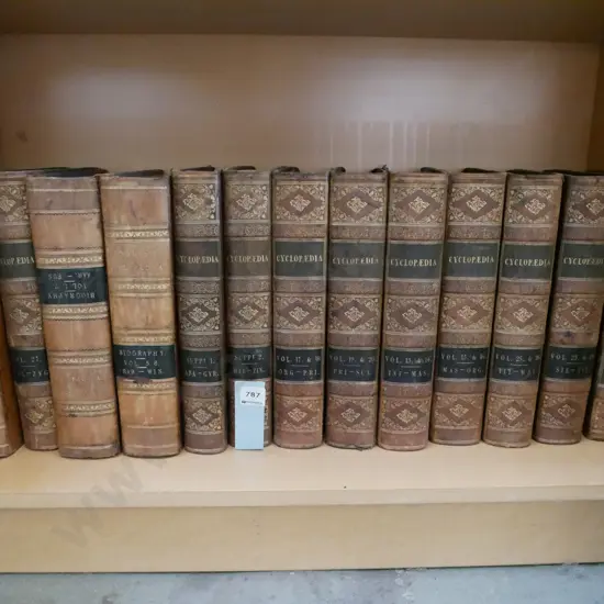 shelf of leather bound encyclopedias