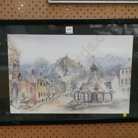 framed watercolour - street and castle scene 