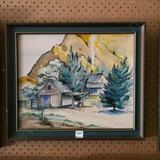 framed watercolour - farm buildings