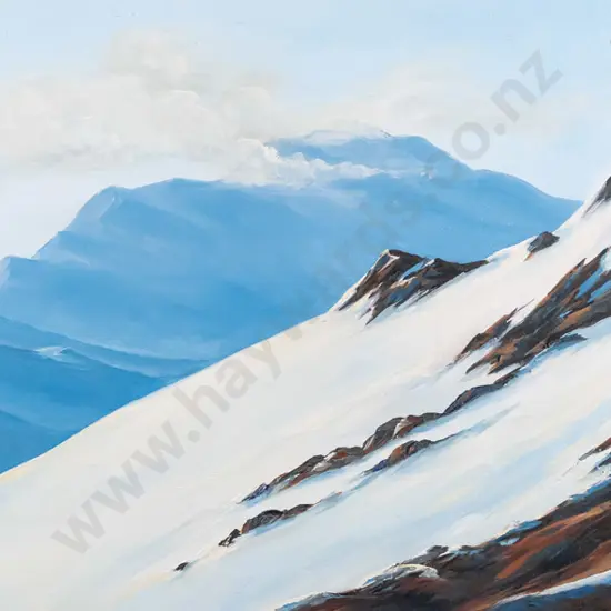 Pamela Banks, boxed oil on canvas "Cloudy Peak" H-310 W-610