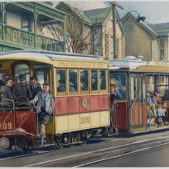 Don McAra '06 - framed watercolour "The artist takes a ride, Mornington Line" H-340 W-470