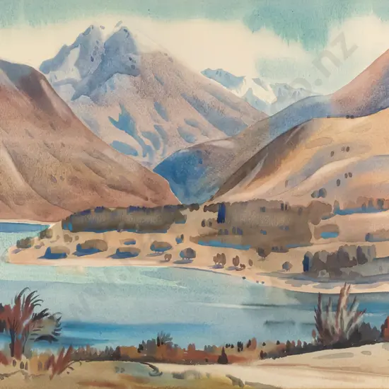 unsigned framed watercolour - lake and mountain scene H-430 W-530