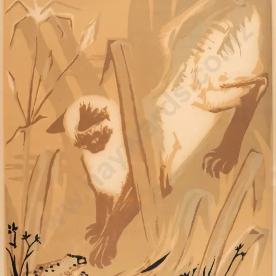 illegible signature 55, framed woodblock print -cat & frog H-490 W-370 frame needs attention