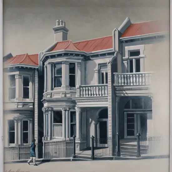 John Husband 1979 - framed oil on board - "Stuart Street, Close To Home" H-450 W-430