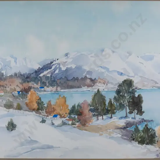 Kath von Tunzelmann - framed watercolour - lake, town & mountain scene  H-400 W-580