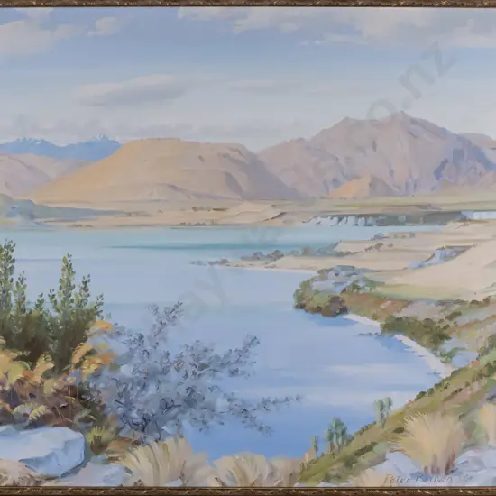 Peter Brown 1964 - framed oil, lake & mountain scene  H-500 W-600
