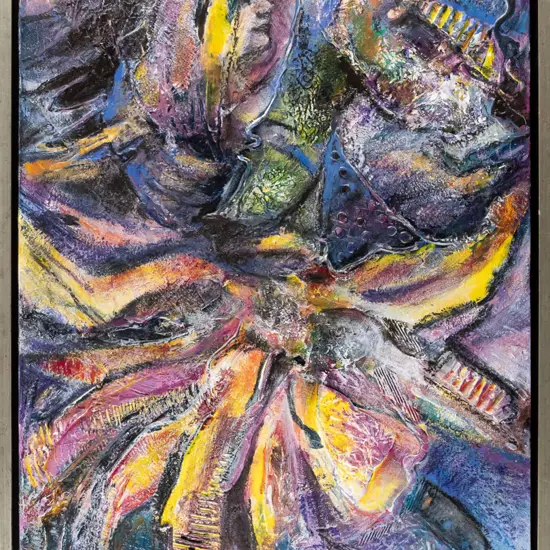 illegible signature, framed mixed media on canvas - flowers H-600 W-400