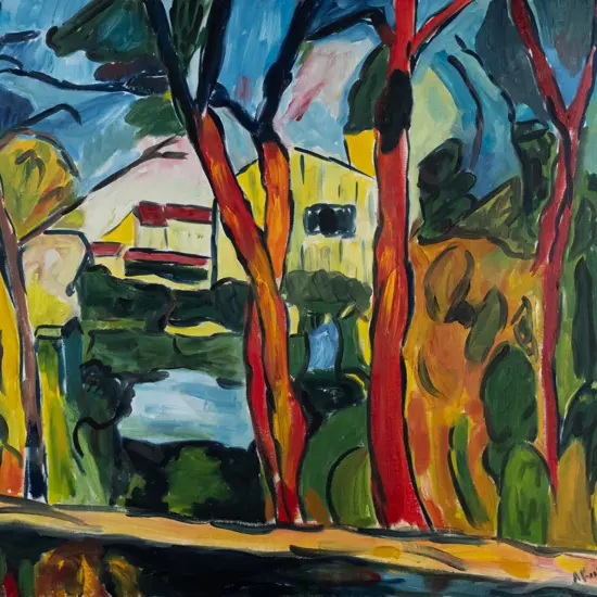 illegible signature, unframed oil on board, houses among trees H-560 W-710