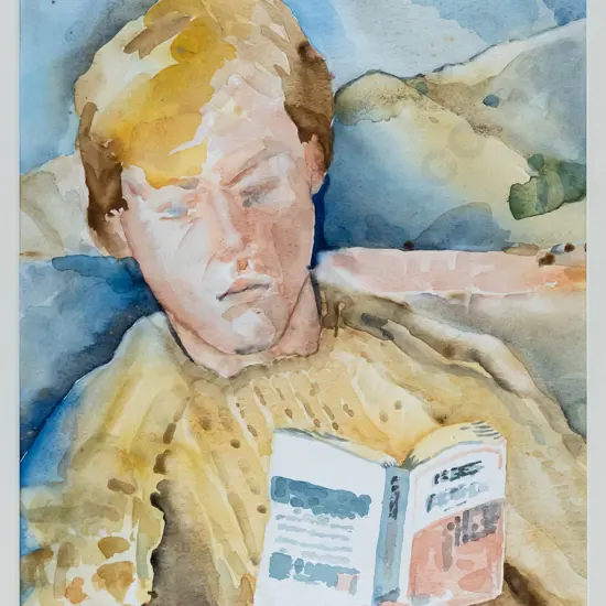 unsigned - framed watercolour - person reading book H-280 W-210