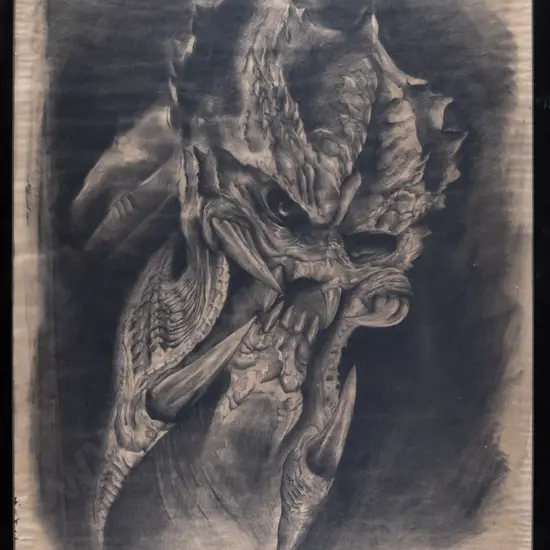 illegible signature - framed pencil- monster H-580 W-410