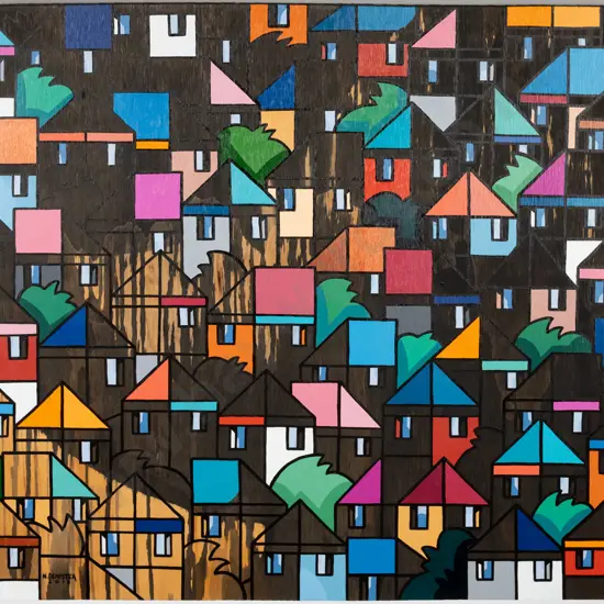 Nic Dempster 2018 -oil on board "Roughcast rainy day" H-510 W-600