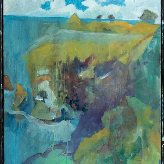 unsigned (Rodney Hamel?)  framed acrylic on hessian - landscape and coastal scene H-990 W-800