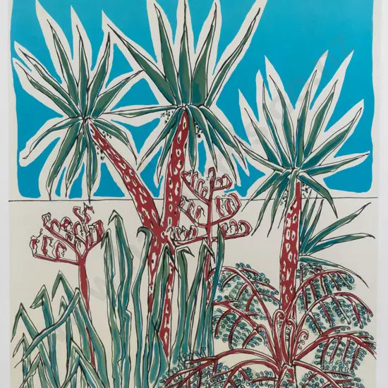 Claudia Pond Eyley 1995 - framed screenprint 75/106 "Cabbage Trees and Sky" H-590 W-390