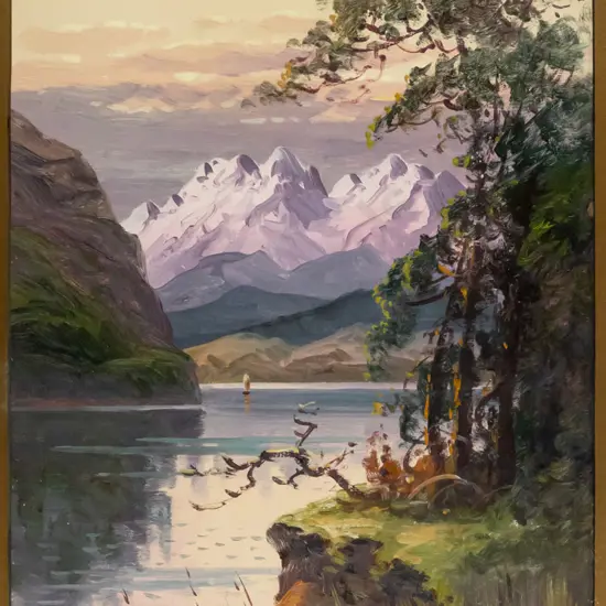 W Allen Bollard -framed oil -lake and mountain scene H-530 W-320 (mat needs attention)