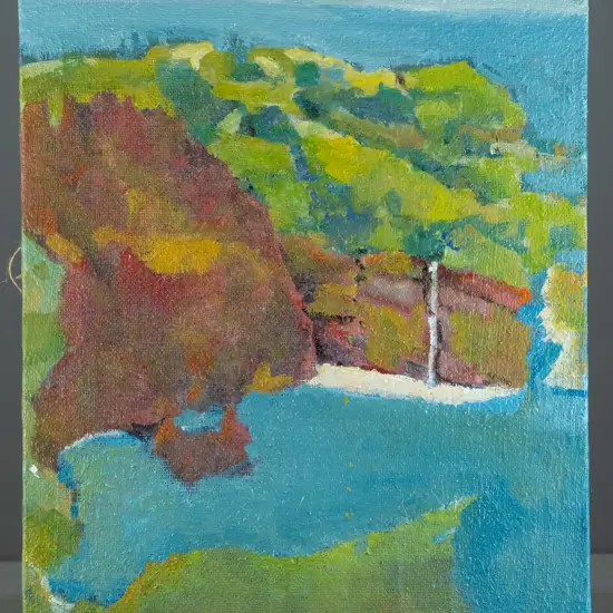 Rodney Hamel - boxed oil on hessian "Tunnel Beach 2" H-510 W-400