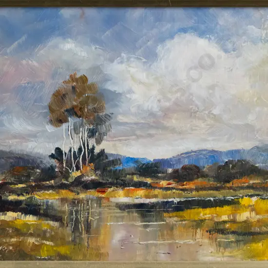 Ray Melhop - framed oil "Duck pond Southland" H-190 W-290