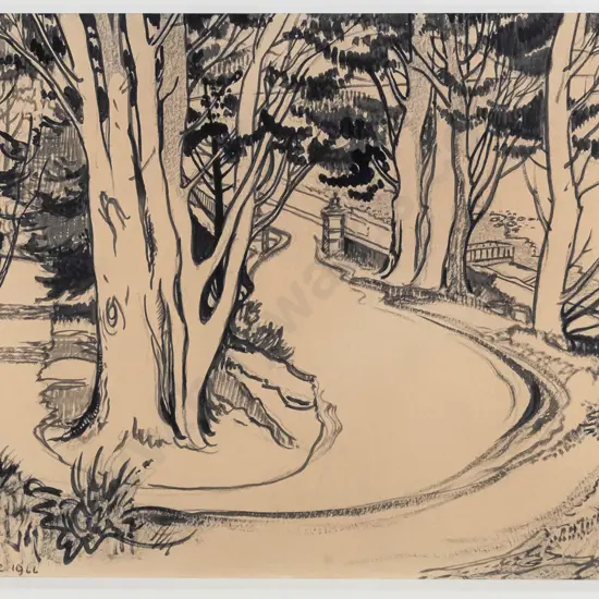 HV Miller 1966 - framed ink and watercolour driveway tree scene H-220 W-280