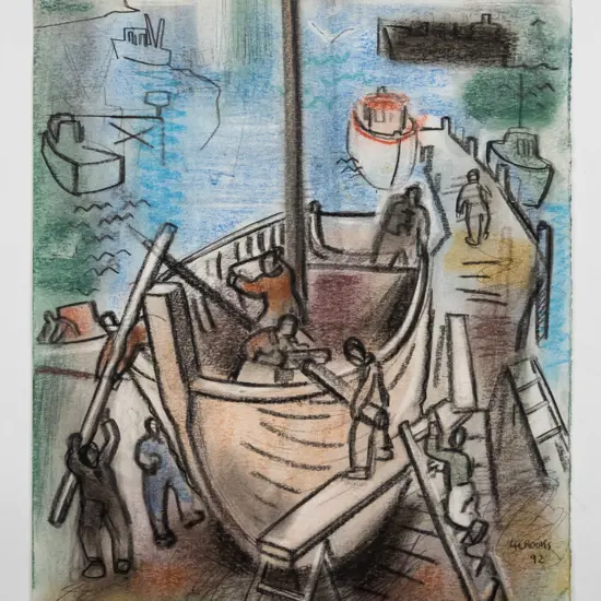 Lindsay Crooks '92 unframed pastel on paper - boat scene H-330 W-240