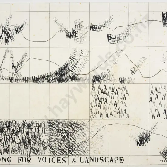Cilla McQueen - unframed ink  "Song for voices & landscape" H-450 W-610 (foxing)