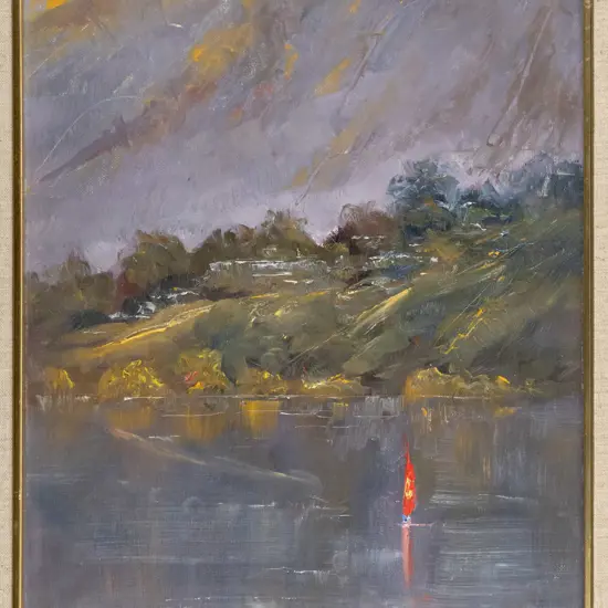 Ray Melhop - framed oil "Yachting at sunset" H-390 W-290