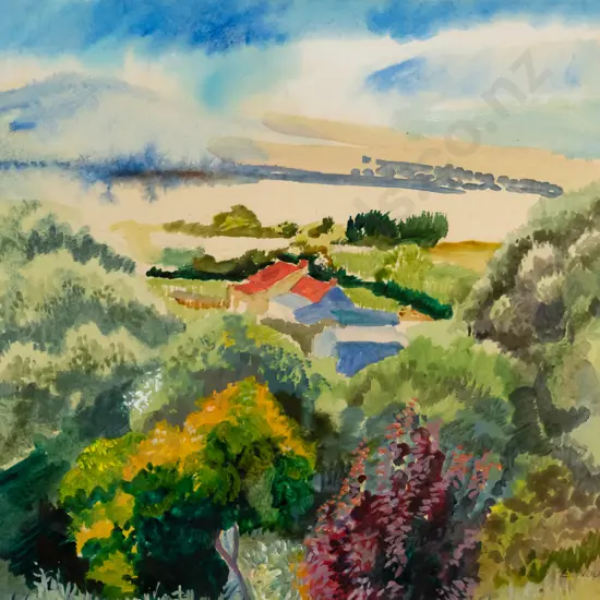 Els Noordhof 1978 - framed watercolour "Waitati Farm" H-250 W-310