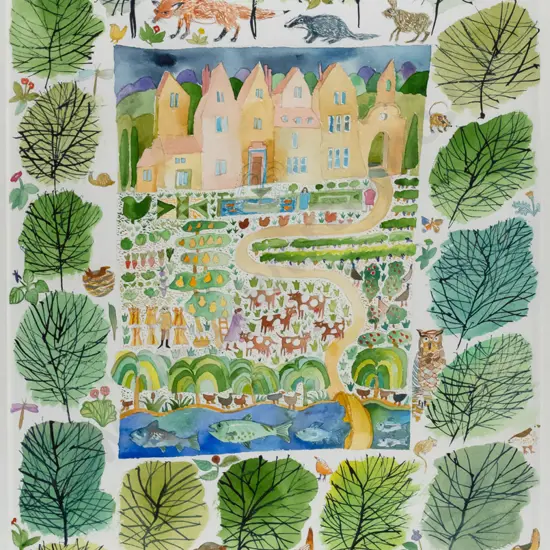 illegible signature - framed watercolour "Farm" H-560 W-370