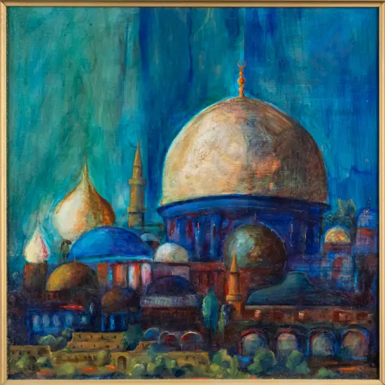 illegible signature 1999 - framed acrylic  - "Holy City III" H-330 W-330 (framing needs attention)