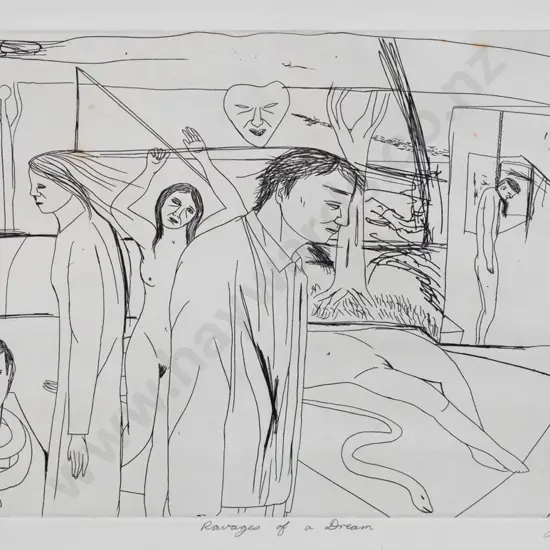 Jeffrey Harris 1987 - framed etching 14/25  "Ravages of a Dream" H-250 W-400 (very slight foxing)