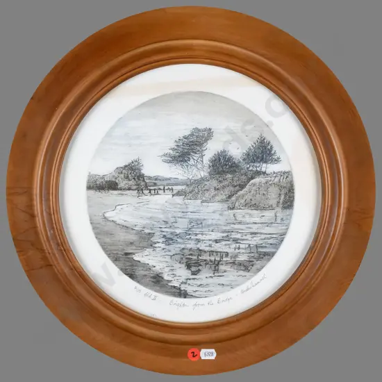 Heather Maxwell - framed circular etching 6/15 "Brighton from the Bridge" Diam- 220 (some marking to surround)