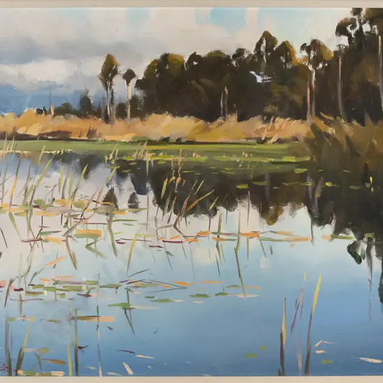 Brent Trolle - framed oil on board "Reeds, Lake Mahinapua Westland" H-290 W-390